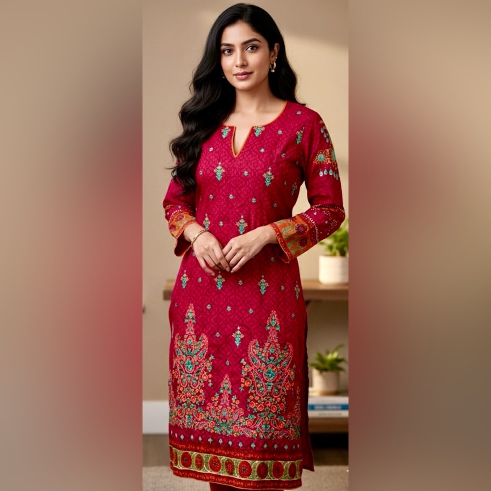 UNBRANDED Red Orange Pakistani Heavily Embroidered Lawn Cotton Long Tunic XS